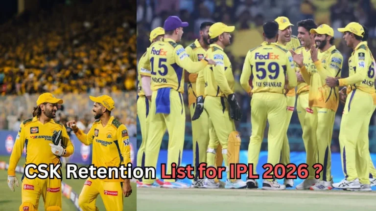 Chennai Super Kings players wearing yellow jerseys celebrate and talk on the cricket field, with text asking about CSK Retention List for IPL 2026."
