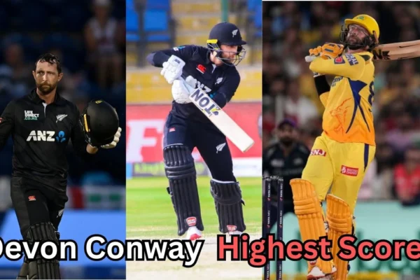 A three-panel collage showing a male cricketer in different uniforms. In the left panel, he is holding his bat upright and a helmet in the other hand, appearing to acknowledge the crowd. In the middle panel, he is playing a defensive shot while wearing a black cricket kit. In the right panel, he is in a yellow uniform, swinging his bat in an attacking shot. At the bottom, bold text reads: “Devon Conway Highest Score?