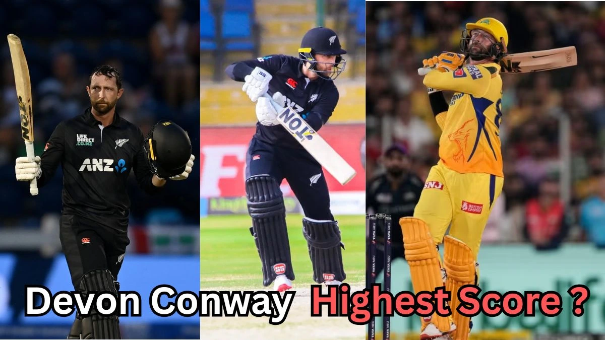 A three-panel collage showing a male cricketer in different uniforms. In the left panel, he is holding his bat upright and a helmet in the other hand, appearing to acknowledge the crowd. In the middle panel, he is playing a defensive shot while wearing a black cricket kit. In the right panel, he is in a yellow uniform, swinging his bat in an attacking shot. At the bottom, bold text reads: “Devon Conway Highest Score?