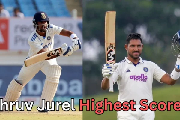 A two-panel collage showing a male cricketer in white Test-style gear. On the left, he is playing a front-foot defensive shot with focused posture. On the right, he is celebrating a milestone, holding his bat upright in one hand and raising his helmet in the other. The background is a cricket ground. At the bottom, bold text reads: “Dhruv Jurel Highest Score?