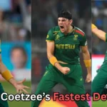 A three-panel collage of a South African fast bowler in action, wearing different versions of South Africa’s cricket kit. In each panel, he is celebrating passionately with energetic gestures. The left panel shows him in a yellow-and-green jersey shouting with both arms slightly raised. The middle panel shows him in a dark green World Cup jersey yelling with a clenched fist. The right panel shows him in a green uniform sliding on his knees with arms outstretched in celebration. Text at the bottom reads, “Gerald Coetzee’s Fastest Delivery?”