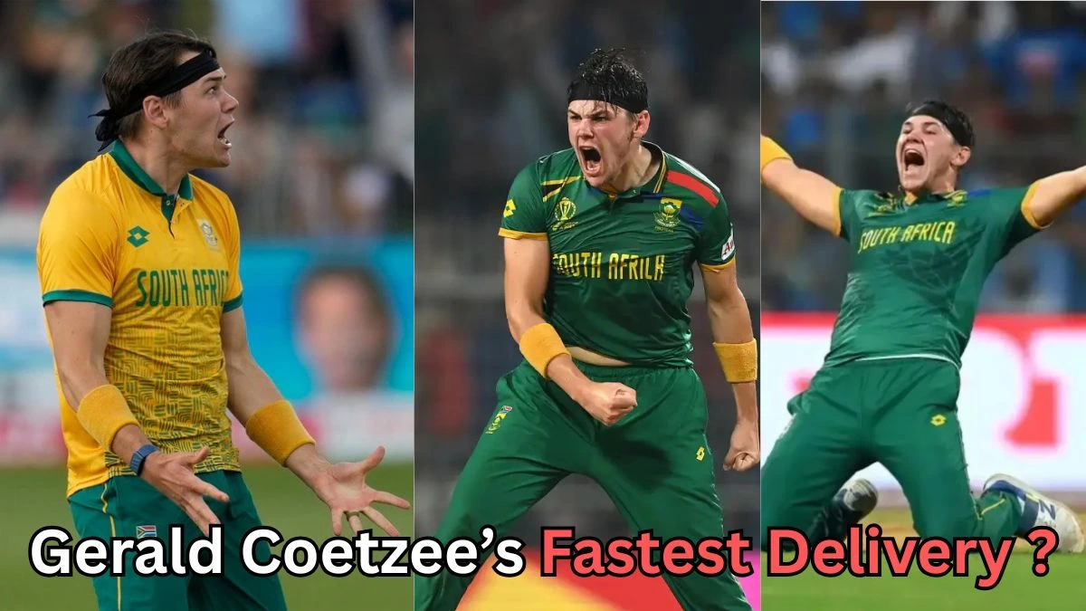 A three-panel collage of a South African fast bowler in action, wearing different versions of South Africa’s cricket kit. In each panel, he is celebrating passionately with energetic gestures. The left panel shows him in a yellow-and-green jersey shouting with both arms slightly raised. The middle panel shows him in a dark green World Cup jersey yelling with a clenched fist. The right panel shows him in a green uniform sliding on his knees with arms outstretched in celebration. Text at the bottom reads, “Gerald Coetzee’s Fastest Delivery?”