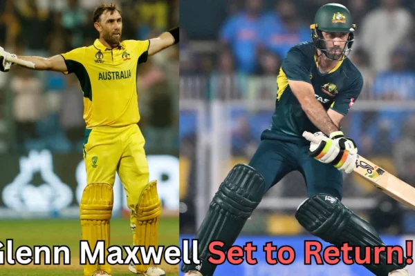 Australian cricketer Glenn Maxwell celebrating a milestone on the left and playing a shot on the right, with the caption “Glenn Maxwell Set to Return!” written at the bottom of the image.
