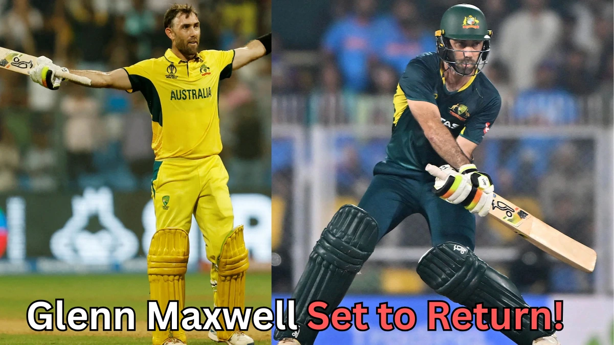 Australian cricketer Glenn Maxwell celebrating a milestone on the left and playing a shot on the right, with the caption “Glenn Maxwell Set to Return!” written at the bottom of the image.
