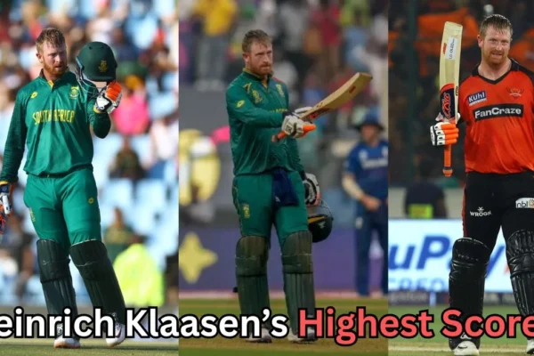 The image shows cricketer Heinrich Klaasen in three different moments celebrating batting achievements. In all three frames, he is holding up his bat and helmet, acknowledging the crowd. He is seen wearing South Africa’s national cricket uniform in two images and the orange jersey of the Sunrisers Hyderabad team in another. The text on the image reads: "Heinrich Klaasen’s Highest Score?", suggesting a focus on his top individual performance in cricket.