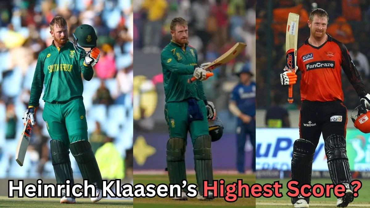 The image shows cricketer Heinrich Klaasen in three different moments celebrating batting achievements. In all three frames, he is holding up his bat and helmet, acknowledging the crowd. He is seen wearing South Africa’s national cricket uniform in two images and the orange jersey of the Sunrisers Hyderabad team in another. The text on the image reads: "Heinrich Klaasen’s Highest Score?", suggesting a focus on his top individual performance in cricket.