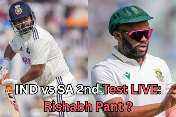 Side-by-side image of two cricket players in Test match uniforms. The player on the left, wearing a white kit and a dark blue helmet, is in a batting stance with his bat raised. The player on the right, also in a white kit, wears a green cap and pink sunglasses and is holding a red cricket ball. Text over the image reads: ‘IND vs SA 2nd Test LIVE: Rishabh Pant?