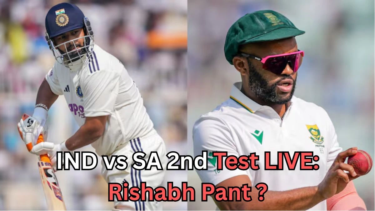 Side-by-side image of two cricket players in Test match uniforms. The player on the left, wearing a white kit and a dark blue helmet, is in a batting stance with his bat raised. The player on the right, also in a white kit, wears a green cap and pink sunglasses and is holding a red cricket ball. Text over the image reads: ‘IND vs SA 2nd Test LIVE: Rishabh Pant?