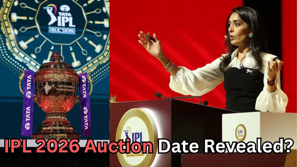 Image split into two sections. On the left, the IPL trophy with TATA branding is displayed against a background featuring the IPL Auction logo. On the right, a woman stands at the IPL auction podium, gesturing as she speaks during the event. Text at the bottom reads ‘IPL 2026 Auction Date Revealed?’ suggesting speculation about the upcoming IPL 2026 auction schedule.
