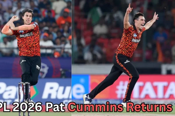 A split-screen photo of a male cricketer in an orange patterned jersey bowling in a stadium. On the left, he is mid-action delivering the ball; on the right, he is celebrating with both arms raised. A crowd fills the background. Text at the bottom of the image reads “IPL 2026 Pat Cummins Returns?”.