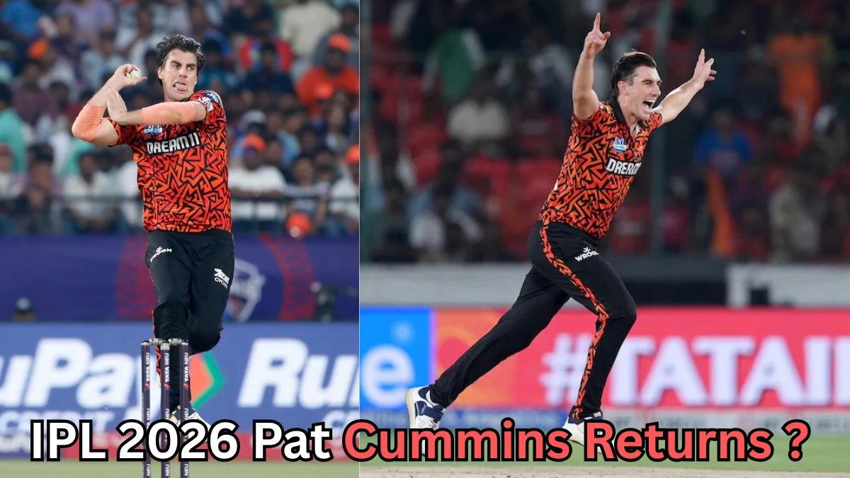 A split-screen photo of a male cricketer in an orange patterned jersey bowling in a stadium. On the left, he is mid-action delivering the ball; on the right, he is celebrating with both arms raised. A crowd fills the background. Text at the bottom of the image reads “IPL 2026 Pat Cummins Returns?”.