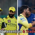 Images of MS Dhoni and Ravindra Jadeja in Chennai Super Kings' yellow kits, with Dhoni interacting with Rajasthan Royals' player (possibly Shimron Hetmyer). Text at the bottom reads, 'IPL 2026 Retention & Trade Buzz?'" This describes the key elements of the image without revealing identities or specific details. Let me know if you need any adjustments!