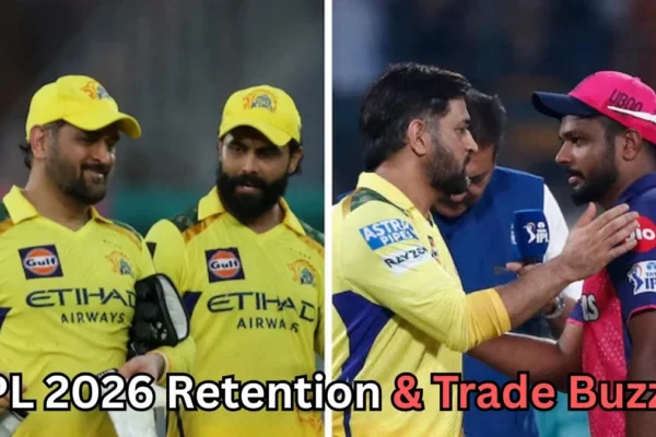 Images of MS Dhoni and Ravindra Jadeja in Chennai Super Kings' yellow kits, with Dhoni interacting with Rajasthan Royals' player (possibly Shimron Hetmyer). Text at the bottom reads, 'IPL 2026 Retention & Trade Buzz?'" This describes the key elements of the image without revealing identities or specific details. Let me know if you need any adjustments!