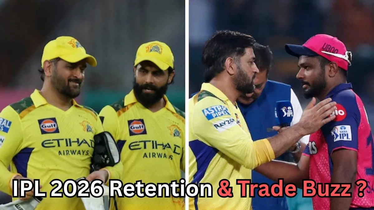 Images of MS Dhoni and Ravindra Jadeja in Chennai Super Kings' yellow kits, with Dhoni interacting with Rajasthan Royals' player (possibly Shimron Hetmyer). Text at the bottom reads, 'IPL 2026 Retention & Trade Buzz?'" This describes the key elements of the image without revealing identities or specific details. Let me know if you need any adjustments!