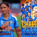 Collage showing members of the India Women’s Cricket Team wearing blue uniforms. On the left, a player stands with a serious expression and the ICC Women’s World Cup 2025 logo on her jersey. On the right, the team is pictured celebrating around a large golden trophy, with the word “CHAMPIONS” written in bold gold letters below. Text at the bottom reads, “India Women World Cup 2025 Champions?”