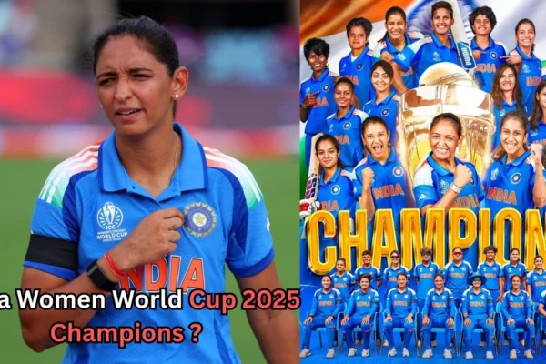 Collage showing members of the India Women’s Cricket Team wearing blue uniforms. On the left, a player stands with a serious expression and the ICC Women’s World Cup 2025 logo on her jersey. On the right, the team is pictured celebrating around a large golden trophy, with the word “CHAMPIONS” written in bold gold letters below. Text at the bottom reads, “India Women World Cup 2025 Champions?”