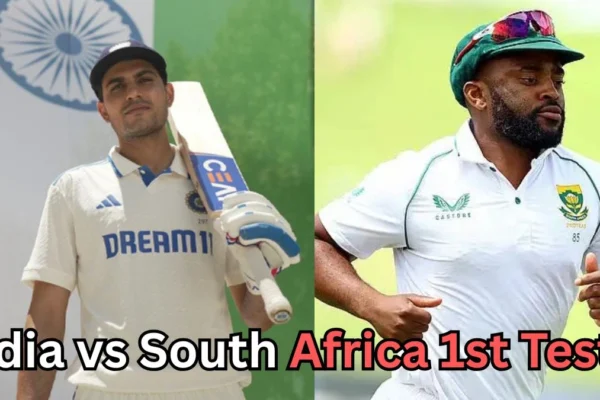 Side-by-side image of two cricket players from India and South Africa ahead of the 1st Test match. The Indian player is wearing a white jersey with the team logo and holding a bat, while the South African player is wearing a white jersey and green cap. The text on the image reads ‘India vs South Africa 1st Test?