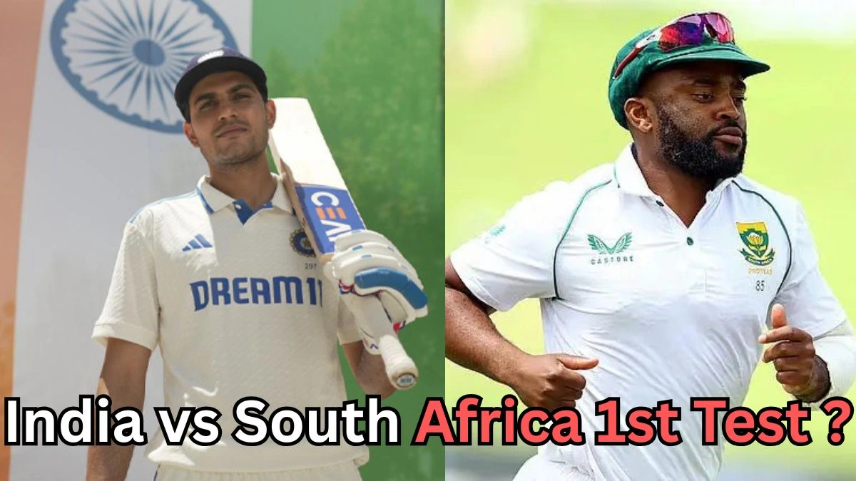 Side-by-side image of two cricket players from India and South Africa ahead of the 1st Test match. The Indian player is wearing a white jersey with the team logo and holding a bat, while the South African player is wearing a white jersey and green cap. The text on the image reads ‘India vs South Africa 1st Test?