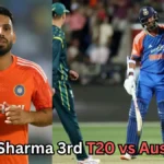 Indian cricketer Jitesh Sharma wearing an orange training jersey on the left, and two Indian players in blue jerseys batting during a T20 match against Australia on the right. Text on the image reads: 'Jitesh Sharma 3rd T20 vs Australia?
