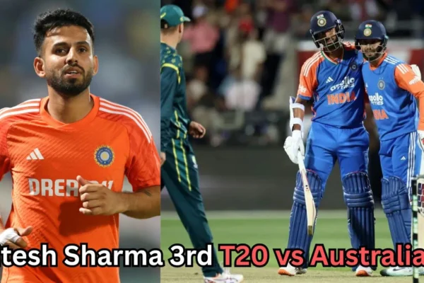 Indian cricketer Jitesh Sharma wearing an orange training jersey on the left, and two Indian players in blue jerseys batting during a T20 match against Australia on the right. Text on the image reads: 'Jitesh Sharma 3rd T20 vs Australia?