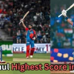 Collage of Indian cricketer KL Rahul batting and celebrating after reaching milestones — shown in Indian team and IPL jerseys, with text asking ‘KL Rahul Highest Score in ODI?’ displayed across the image.