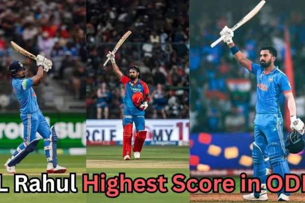 Collage of Indian cricketer KL Rahul batting and celebrating after reaching milestones — shown in Indian team and IPL jerseys, with text asking ‘KL Rahul Highest Score in ODI?’ displayed across the image.