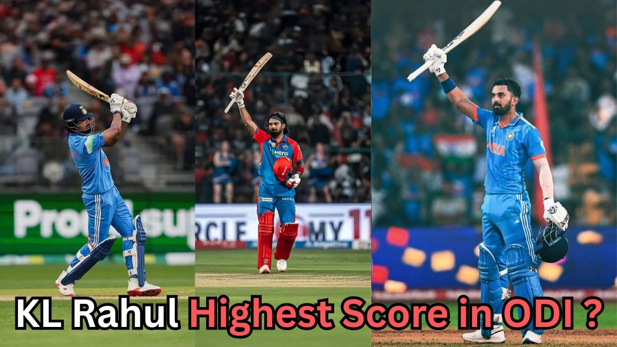 Collage of Indian cricketer KL Rahul batting and celebrating after reaching milestones — shown in Indian team and IPL jerseys, with text asking ‘KL Rahul Highest Score in ODI?’ displayed across the image.