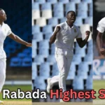 Kagiso Rabada, South African fast bowler, in action on the field with text asking about his highest bowling speed.