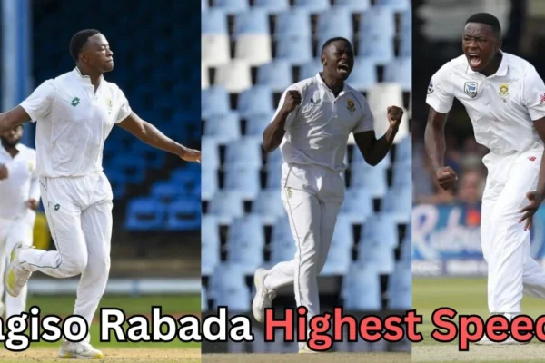 Kagiso Rabada, South African fast bowler, in action on the field with text asking about his highest bowling speed.