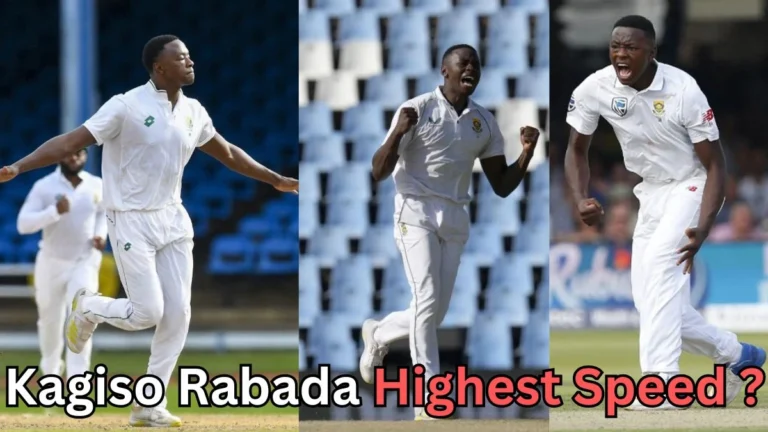 Kagiso Rabada, South African fast bowler, in action on the field with text asking about his highest bowling speed.
