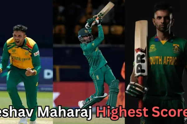 A collage of three images showing South African cricketer Keshav Maharaj — on the left, he celebrates after taking a wicket while wearing South Africa’s yellow and green T20 jersey; in the middle, he is batting in full action wearing a helmet and green uniform; on the right, he poses holding a cricket bat in South Africa’s T20 World Cup jersey. The text at the bottom reads: “Keshav Maharaj Highest Score?”