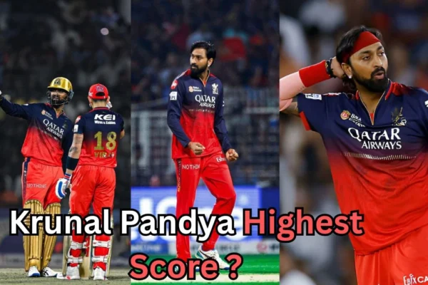 Cricketer Krunal Pandya wearing Royal Challengers Bangalore jersey in different match moments, including batting and bowling, with text asking about Krunal Pandya’s highest score."