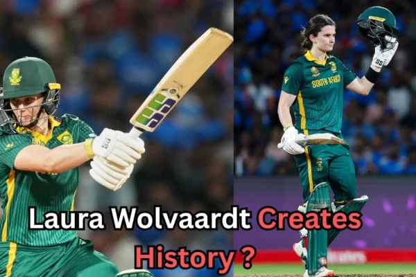 The image features South African cricketer Laura Wolvaardt in action on the cricket field. It showcases her playing, with one image showing her batting and another with her raising her helmet. The text on the image reads: "Laura Wolvaardt Creates History?