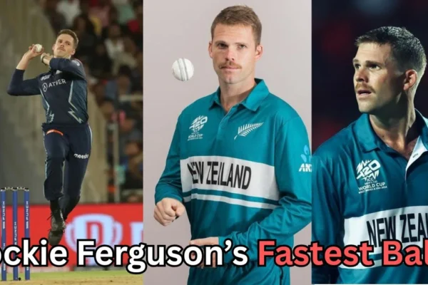 A collage of three images featuring a New Zealand cricketer: on the left, he is bowling during a match; in the center, he poses in a New Zealand team jersey while tossing a cricket ball; on the right, he looks off to the side in another New Zealand jersey. Text at the bottom reads: ‘Lockie Ferguson’s Fastest Ball?