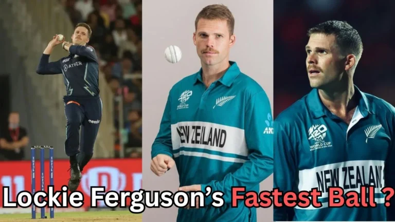 A collage of three images featuring a New Zealand cricketer: on the left, he is bowling during a match; in the center, he poses in a New Zealand team jersey while tossing a cricket ball; on the right, he looks off to the side in another New Zealand jersey. Text at the bottom reads: ‘Lockie Ferguson’s Fastest Ball?