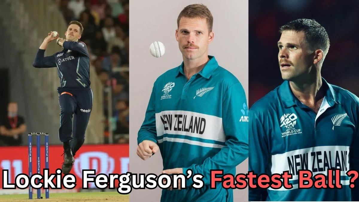 A collage of three images featuring a New Zealand cricketer: on the left, he is bowling during a match; in the center, he poses in a New Zealand team jersey while tossing a cricket ball; on the right, he looks off to the side in another New Zealand jersey. Text at the bottom reads: ‘Lockie Ferguson’s Fastest Ball?