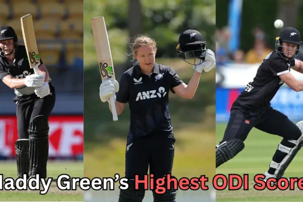 The image shows New Zealand cricketer Maddy Green in action during an ODI match. She is wearing the New Zealand national cricket team’s black kit and is seen batting in various poses, including one where she raises her bat and helmet in celebration of a milestone. The text on the image reads, “Maddy Green’s Highest ODI Score?” highlighting curiosity about her top individual score in One Day Internationals.