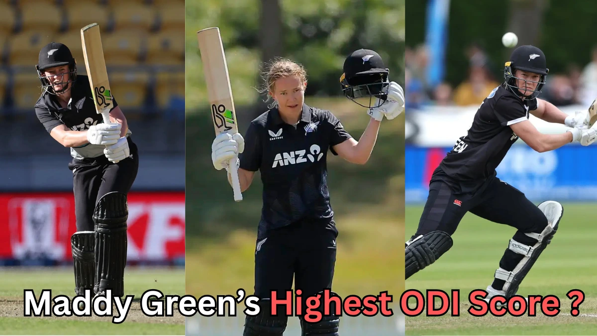 The image shows New Zealand cricketer Maddy Green in action during an ODI match. She is wearing the New Zealand national cricket team’s black kit and is seen batting in various poses, including one where she raises her bat and helmet in celebration of a milestone. The text on the image reads, “Maddy Green’s Highest ODI Score?” highlighting curiosity about her top individual score in One Day Internationals.