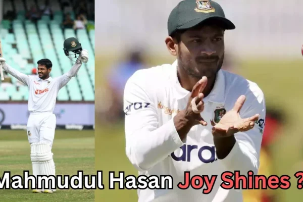 Two photos of a Bangladesh Test cricketer: on the left, he raises his bat and helmet while celebrating on the field; on the right, he focuses on catching a red cricket ball during warm-up or practice. Text at the bottom reads: ‘Mahmudul Hasan Joy Shines?’