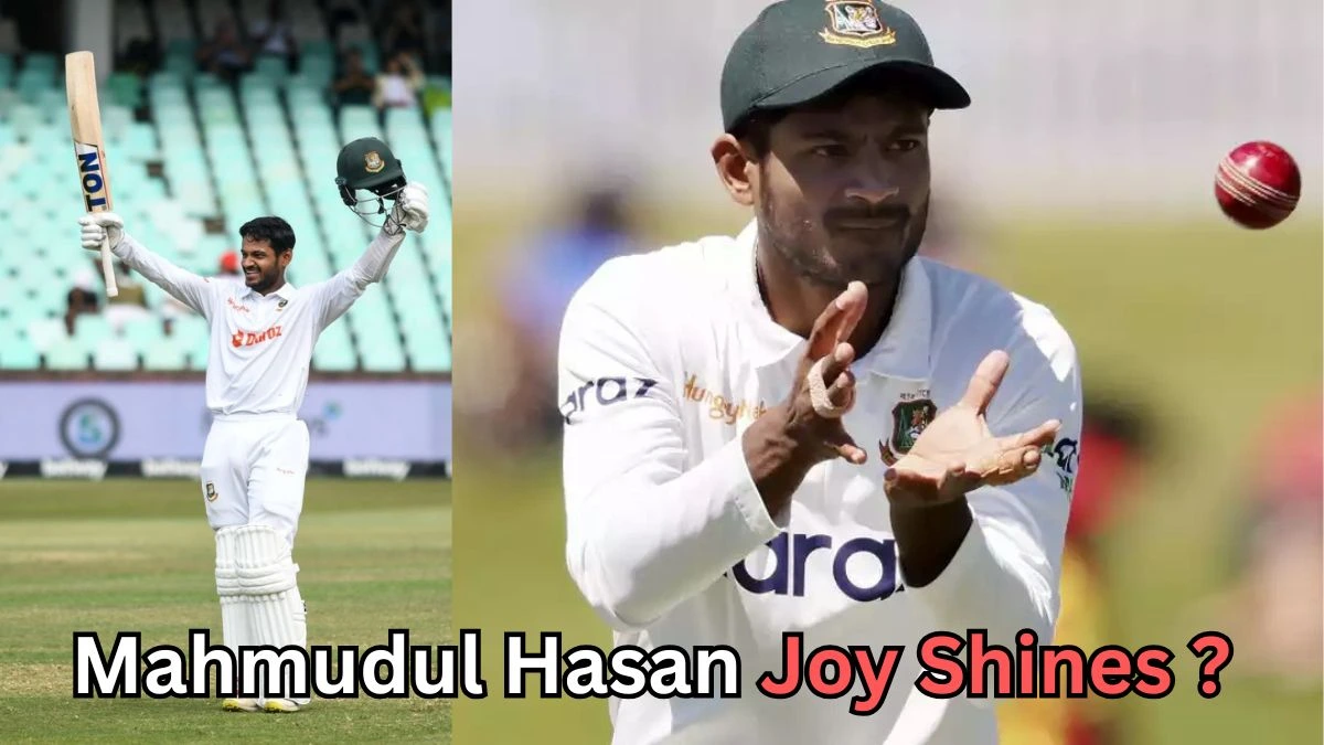 Two photos of a Bangladesh Test cricketer: on the left, he raises his bat and helmet while celebrating on the field; on the right, he focuses on catching a red cricket ball during warm-up or practice. Text at the bottom reads: ‘Mahmudul Hasan Joy Shines?’