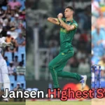 Three side-by-side images of a tall cricketer: batting in a white uniform, bowling in a green uniform, and batting again in a yellow-and-green uniform. Text at the bottom asks, 'Marco Jansen Highest Score?