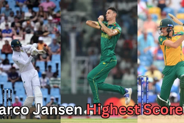 Three side-by-side images of a tall cricketer: batting in a white uniform, bowling in a green uniform, and batting again in a yellow-and-green uniform. Text at the bottom asks, 'Marco Jansen Highest Score?