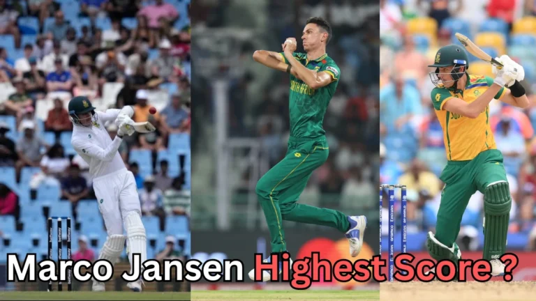Three side-by-side images of a tall cricketer: batting in a white uniform, bowling in a green uniform, and batting again in a yellow-and-green uniform. Text at the bottom asks, 'Marco Jansen Highest Score?