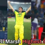 Collage of Australian cricketer Mitchell Marsh in different cricket poses wearing Australia’s yellow uniform, celebrating and batting, with the caption 'Mitchell Marsh Highest Score?' written at the bottom.