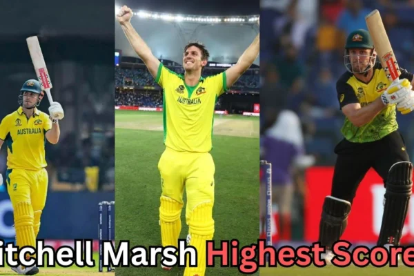 Collage of Australian cricketer Mitchell Marsh in different cricket poses wearing Australia’s yellow uniform, celebrating and batting, with the caption 'Mitchell Marsh Highest Score?' written at the bottom.