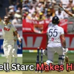A two-panel collage from a cricket match showing an Australian bowler in white celebrating after bowling out opposing batters. In the left panel, the bowler raises his arm while the dismissed batter stands nearby. In the right panel, broken stumps are visible behind another batter as the bowler celebrates again. Crowds and red-and-white banners fill the background. Text at the bottom reads ‘Mitchell Starc Makes History!’ in bold black and red lettering.