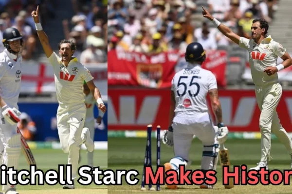 A two-panel collage from a cricket match showing an Australian bowler in white celebrating after bowling out opposing batters. In the left panel, the bowler raises his arm while the dismissed batter stands nearby. In the right panel, broken stumps are visible behind another batter as the bowler celebrates again. Crowds and red-and-white banners fill the background. Text at the bottom reads ‘Mitchell Starc Makes History!’ in bold black and red lettering.