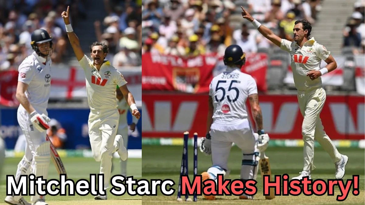 A two-panel collage from a cricket match showing an Australian bowler in white celebrating after bowling out opposing batters. In the left panel, the bowler raises his arm while the dismissed batter stands nearby. In the right panel, broken stumps are visible behind another batter as the bowler celebrates again. Crowds and red-and-white banners fill the background. Text at the bottom reads ‘Mitchell Starc Makes History!’ in bold black and red lettering.