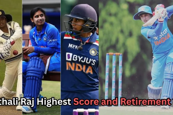 Collage of Indian cricketer Mithali Raj in different stages of her career — batting in early years, sitting with pads on, wearing India’s blue jersey during a match, and playing a cover drive. Text on the image reads: 'Mithali Raj Highest Score and Retirement?