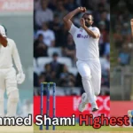 "Indian cricketer Mohammed Shami seen bowling in Test and ODI matches, wearing both white and blue team jerseys, with text asking about Mohammed Shami’s highest score